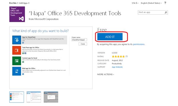 Napa office 365 Development Tools